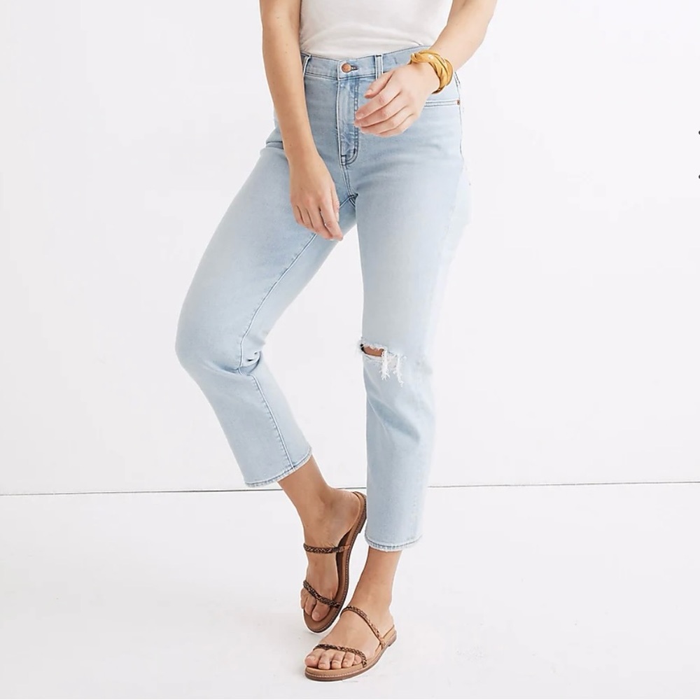 Madewell Sz 33P Mid Rise Classic Straight Leg Crop Jeans Distressed Light Wash